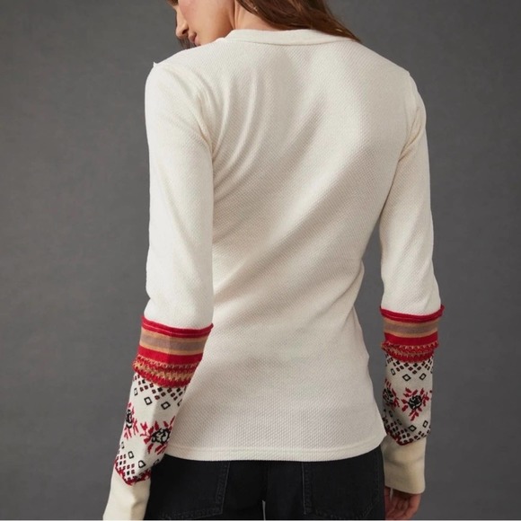 Free People Cream Long Sleeve Top with Red Accents - Picture 3 of 3